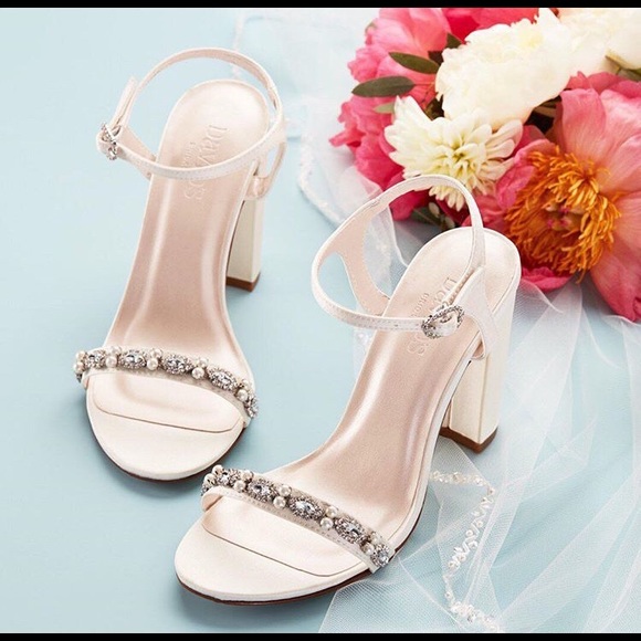 embellished satin block heel sandals